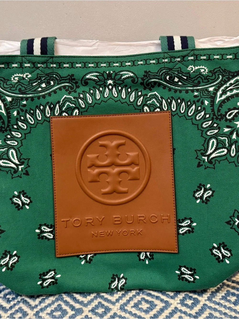 Tory Burch Green Bandana-Print Canvas Tote with Tan Leather Logo Patch